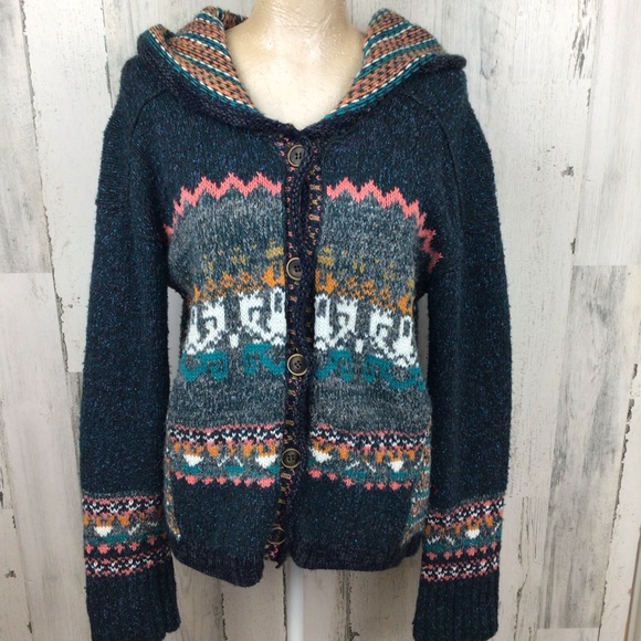 Free People Sweaters - Free People Hooded Sweater Nordic Fair Isle Knit Button Blue L RARE.